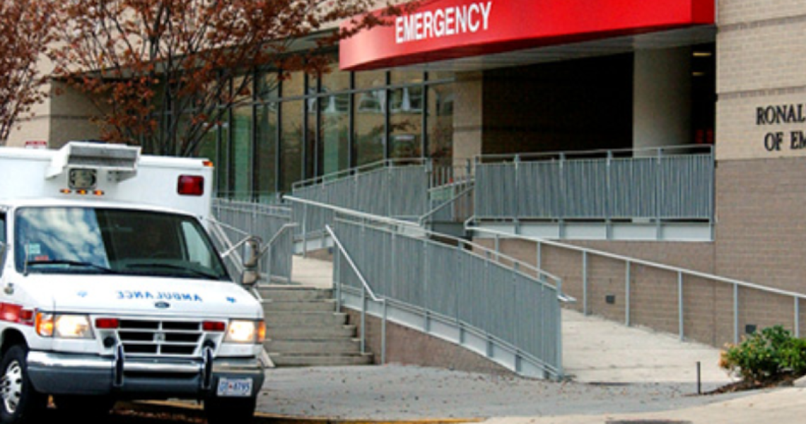 Ambulance parked outside the Emergency Department Entrance